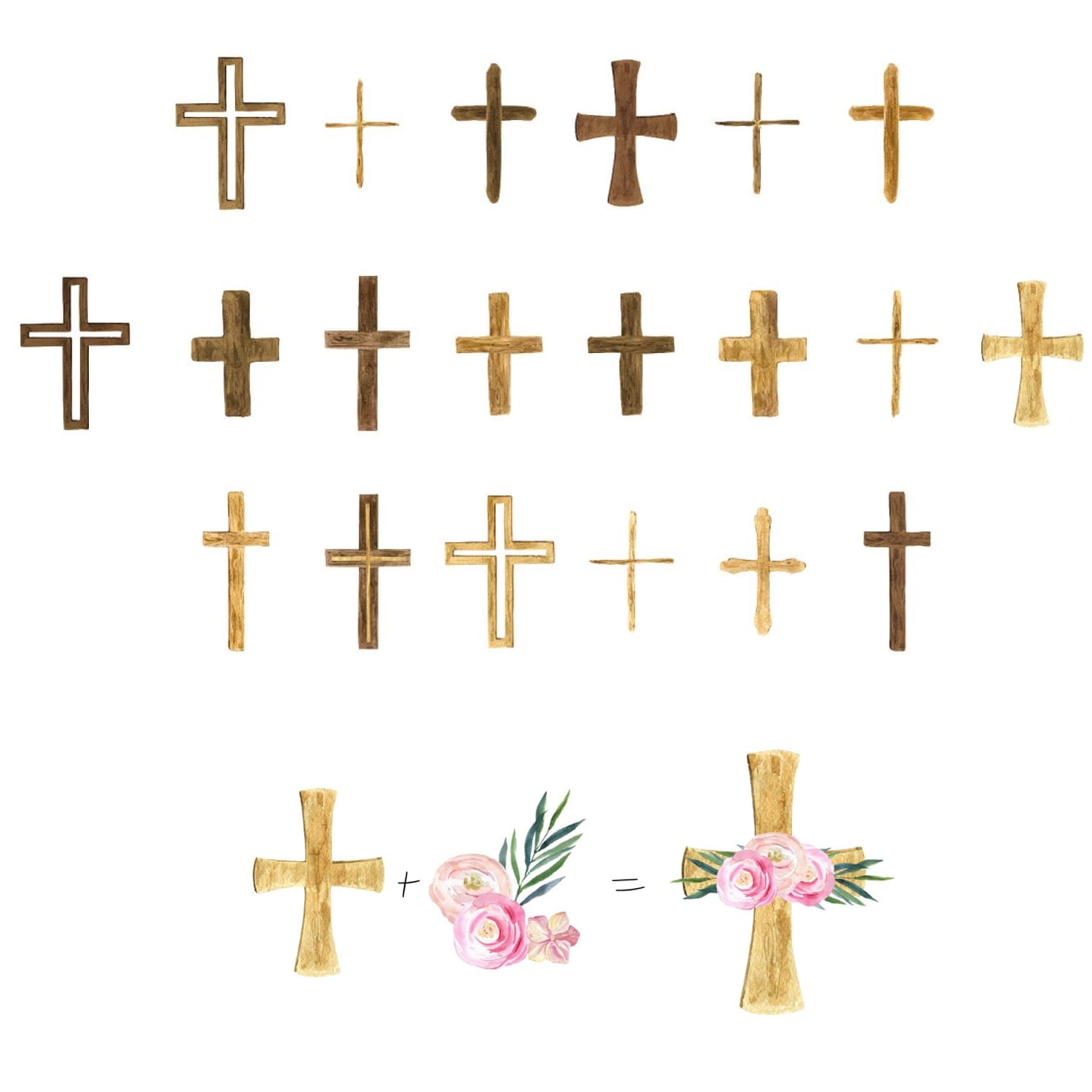 Many wooden crosses on a white background.