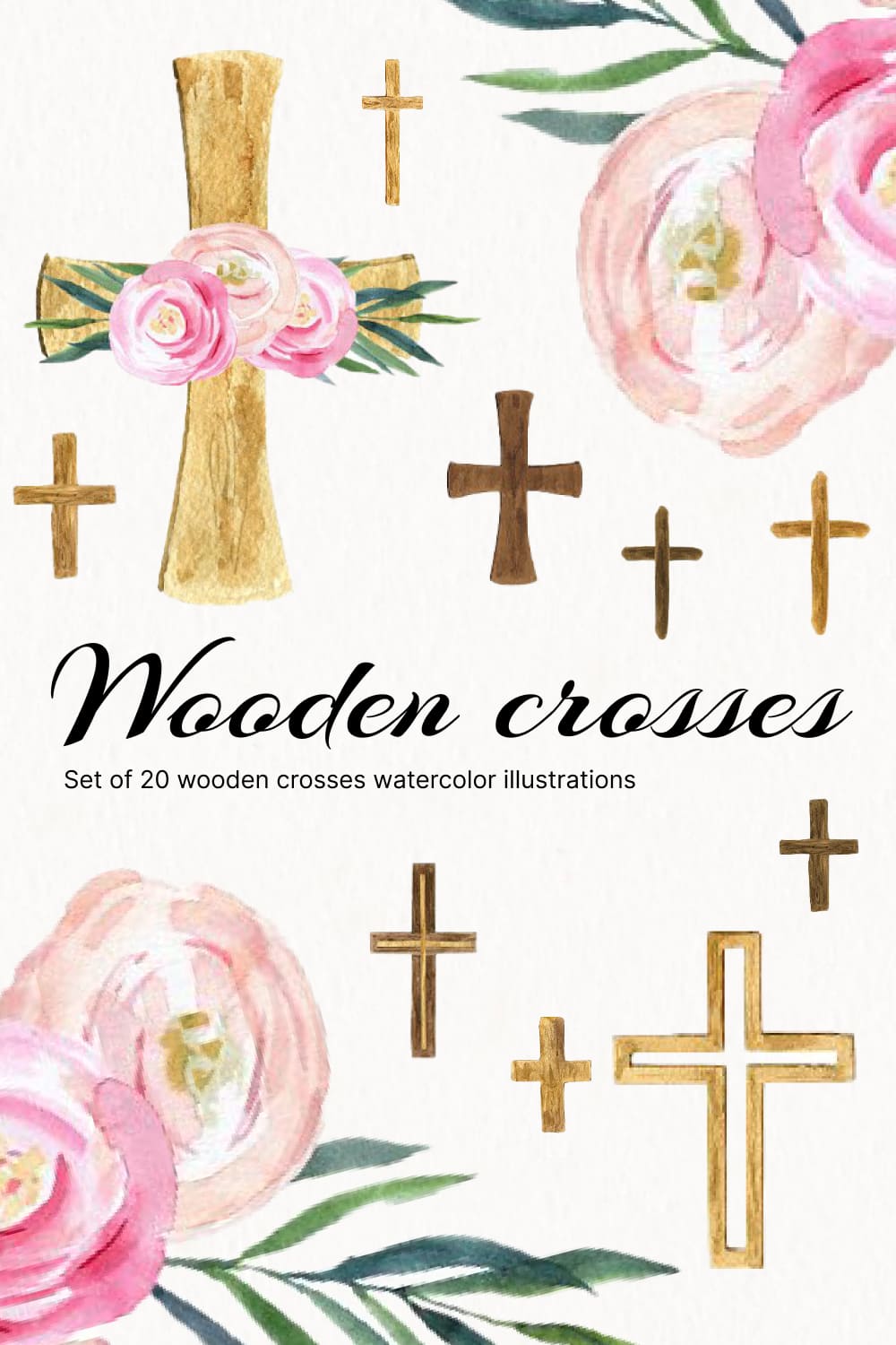 Watercolor wooden crosses.