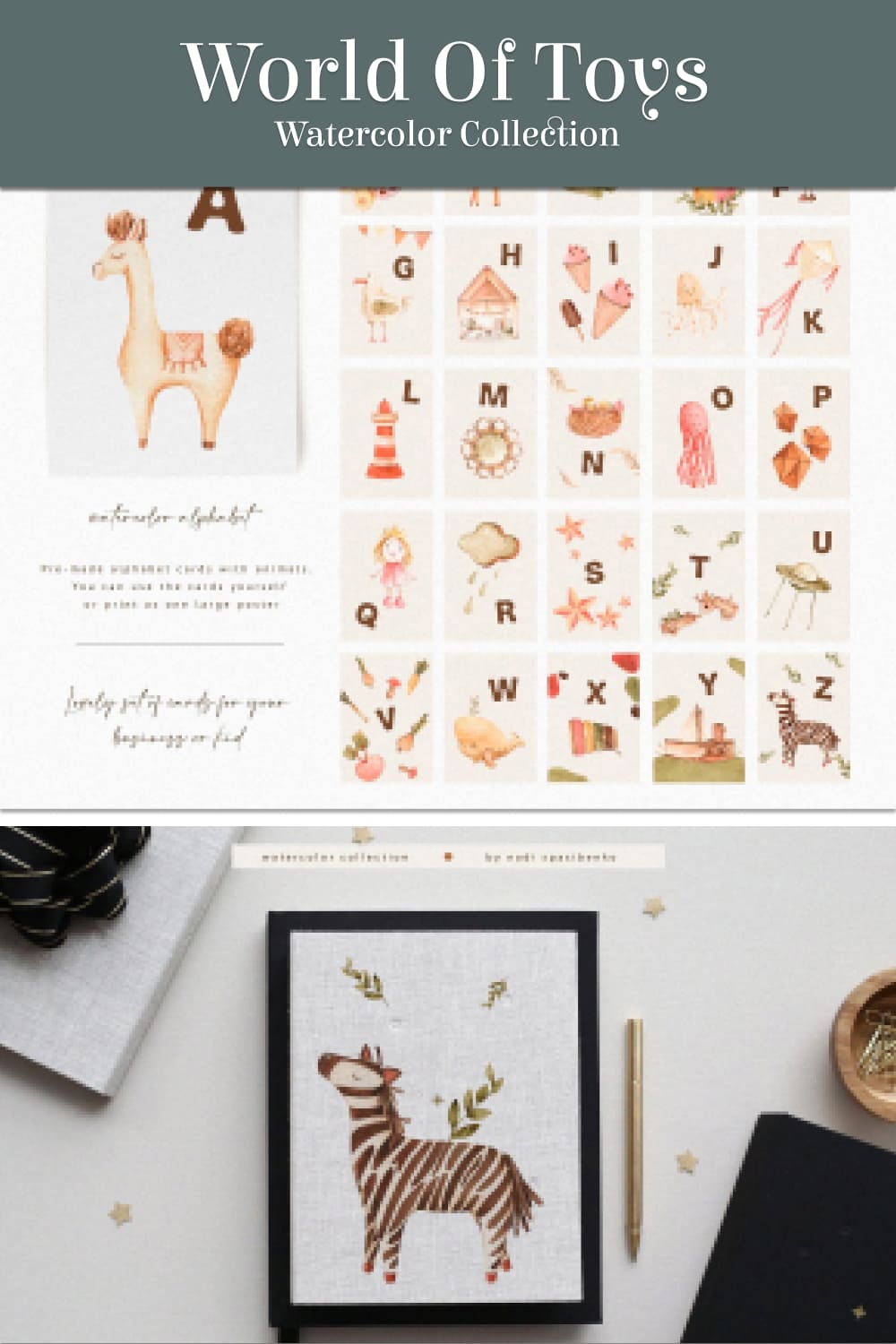 Watercolor collection of alphabet and animals.