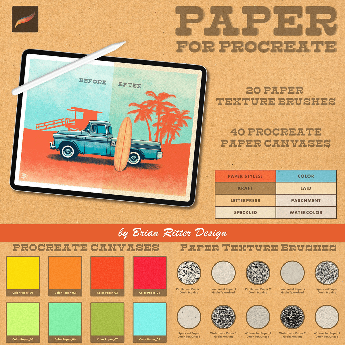 20 paper texture brushes with image of car.