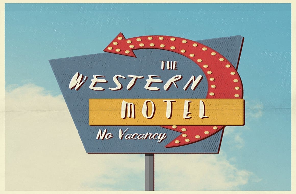 Inscription “The western motel no vacancy” of Railway Western Font.