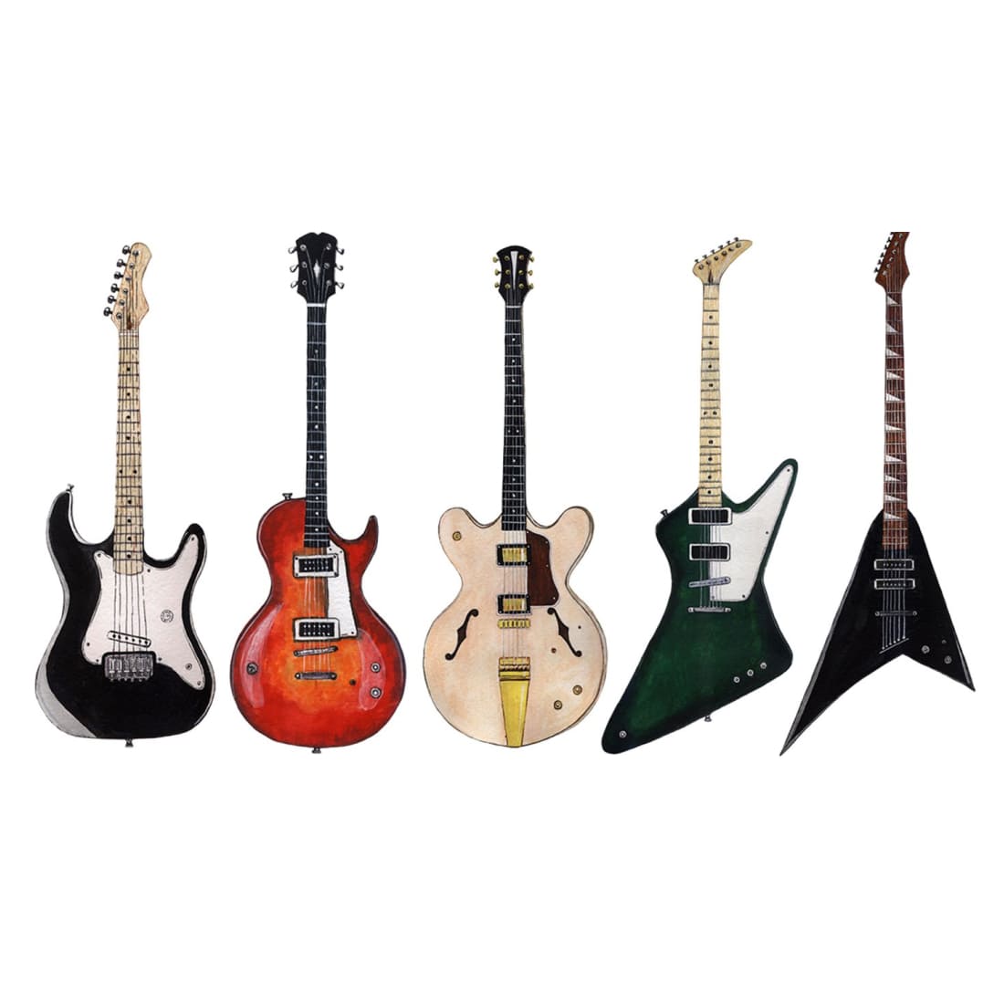 Electric guitars of different colors.