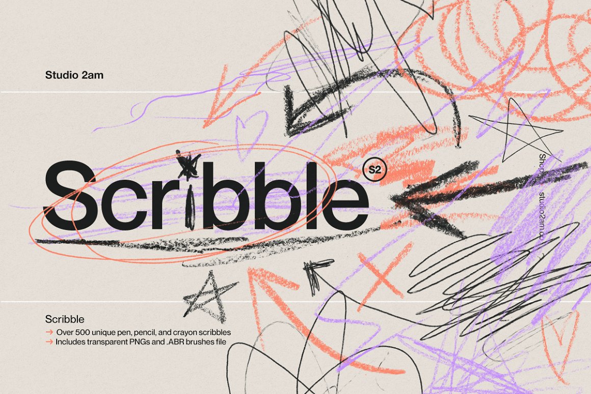 Black lettering "Scribble" on the background with different black, pink and lavender crayon brush elements.