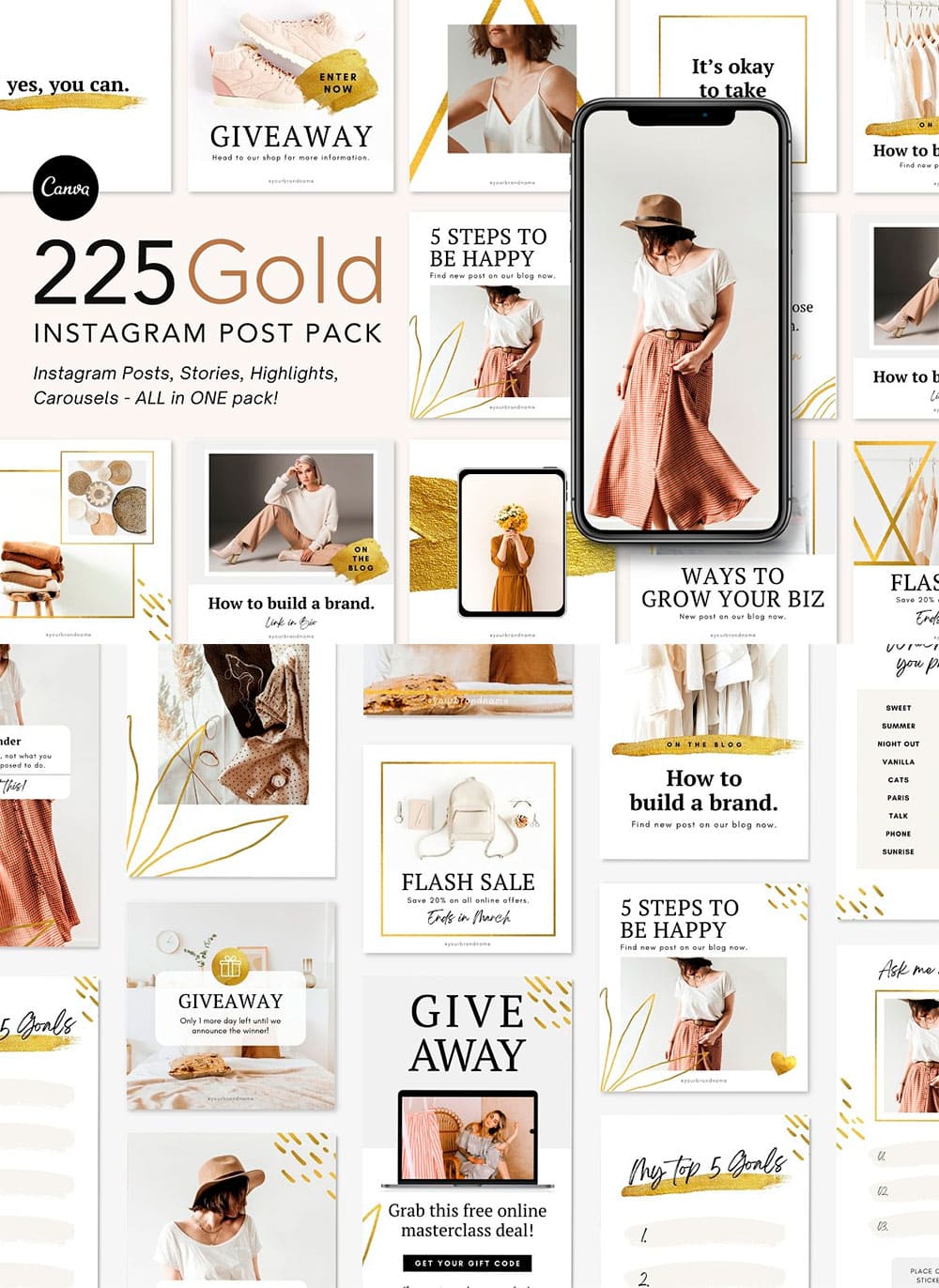 Gold instagram post pack canva, image for pinterest.