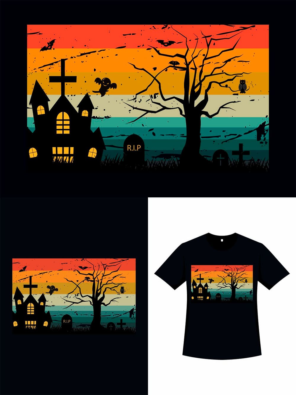 Halloween retro color t-shirt design, image for pinterest 1000x1333.
