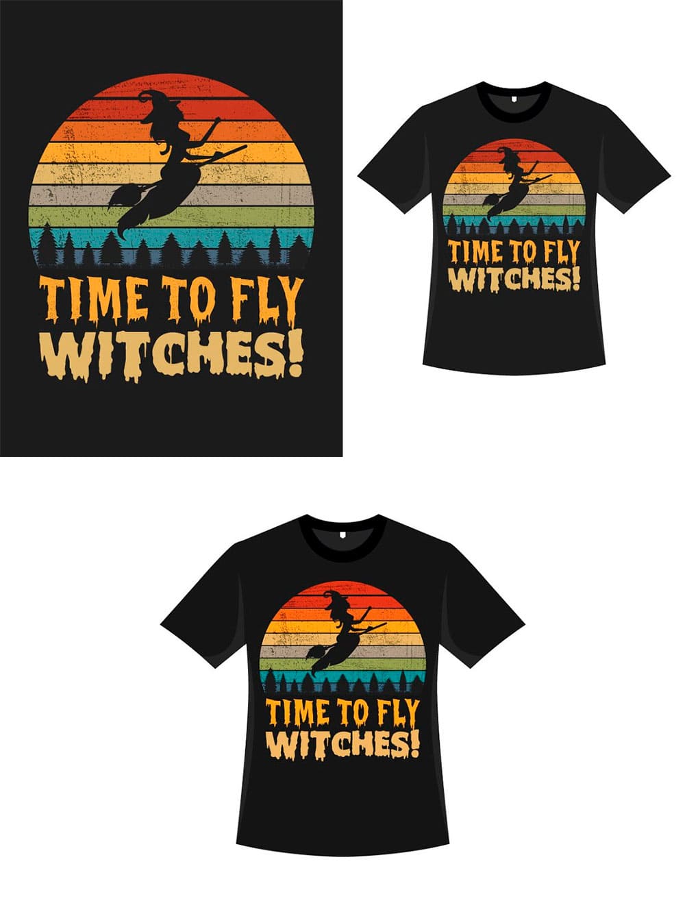 Two t-shirts with images of witches.