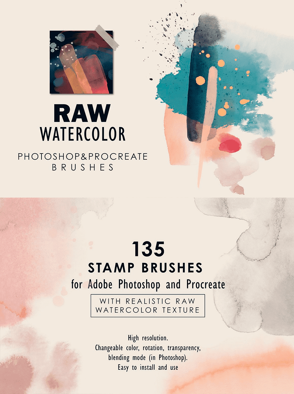 Raw watercolor ps procreate stamps, picture for pinterest.