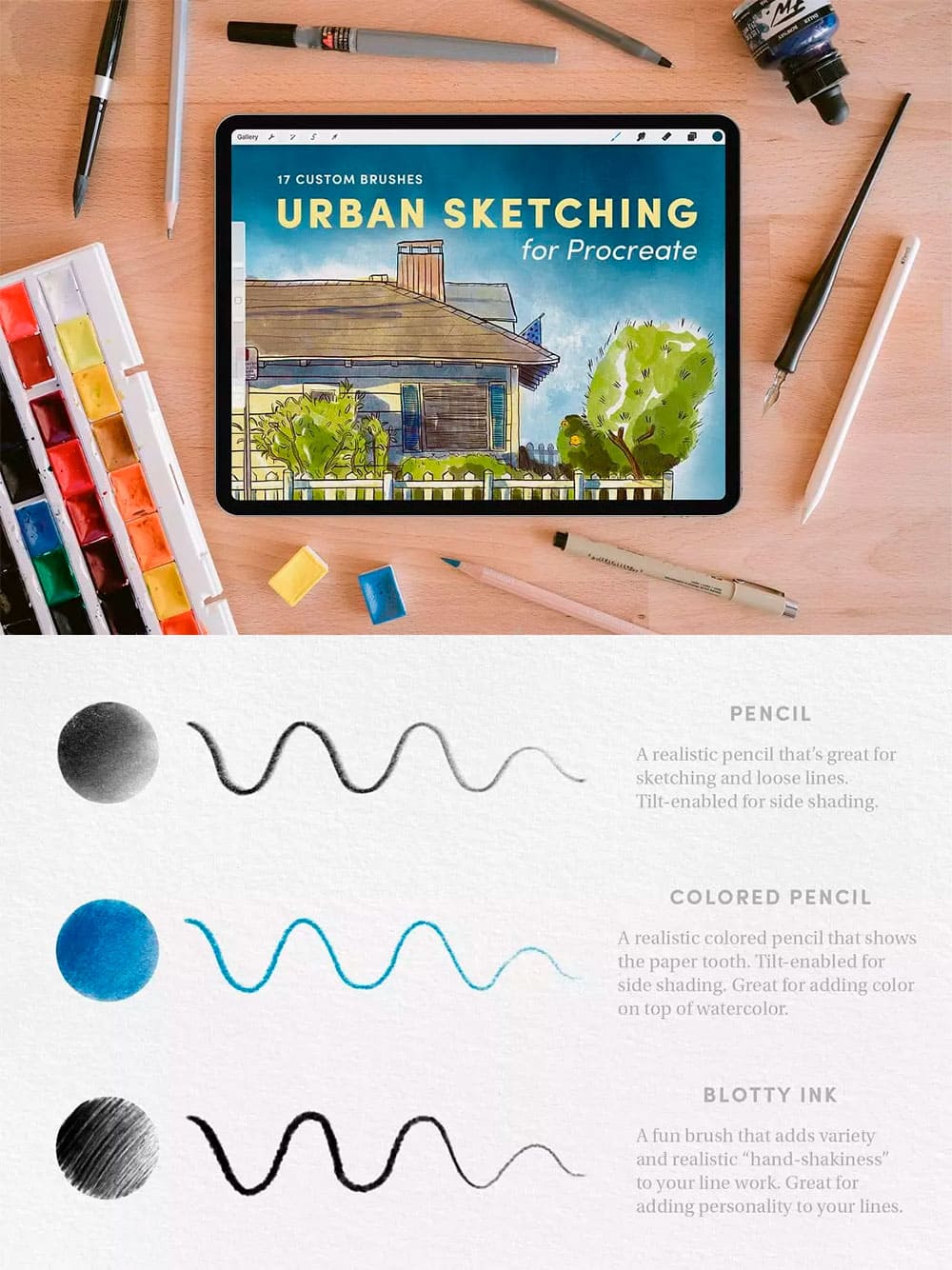 Urban sketching procreate brushes, image for pinterest.