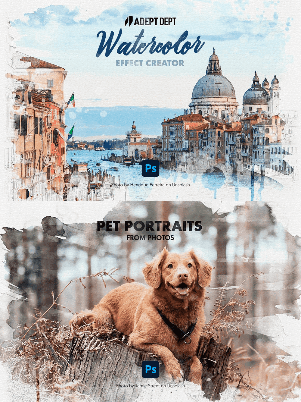Watercolor effect photoshop creator, picture for pinterest 1000x1334.