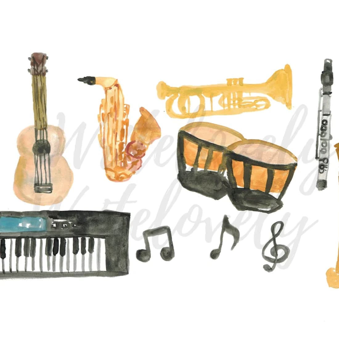 Watercolor music instruments, second image 1100x1100.