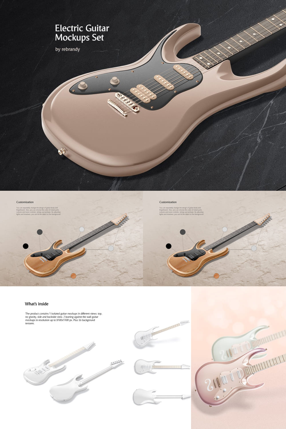 Electric guitars with decorative patterns and without patterns.
