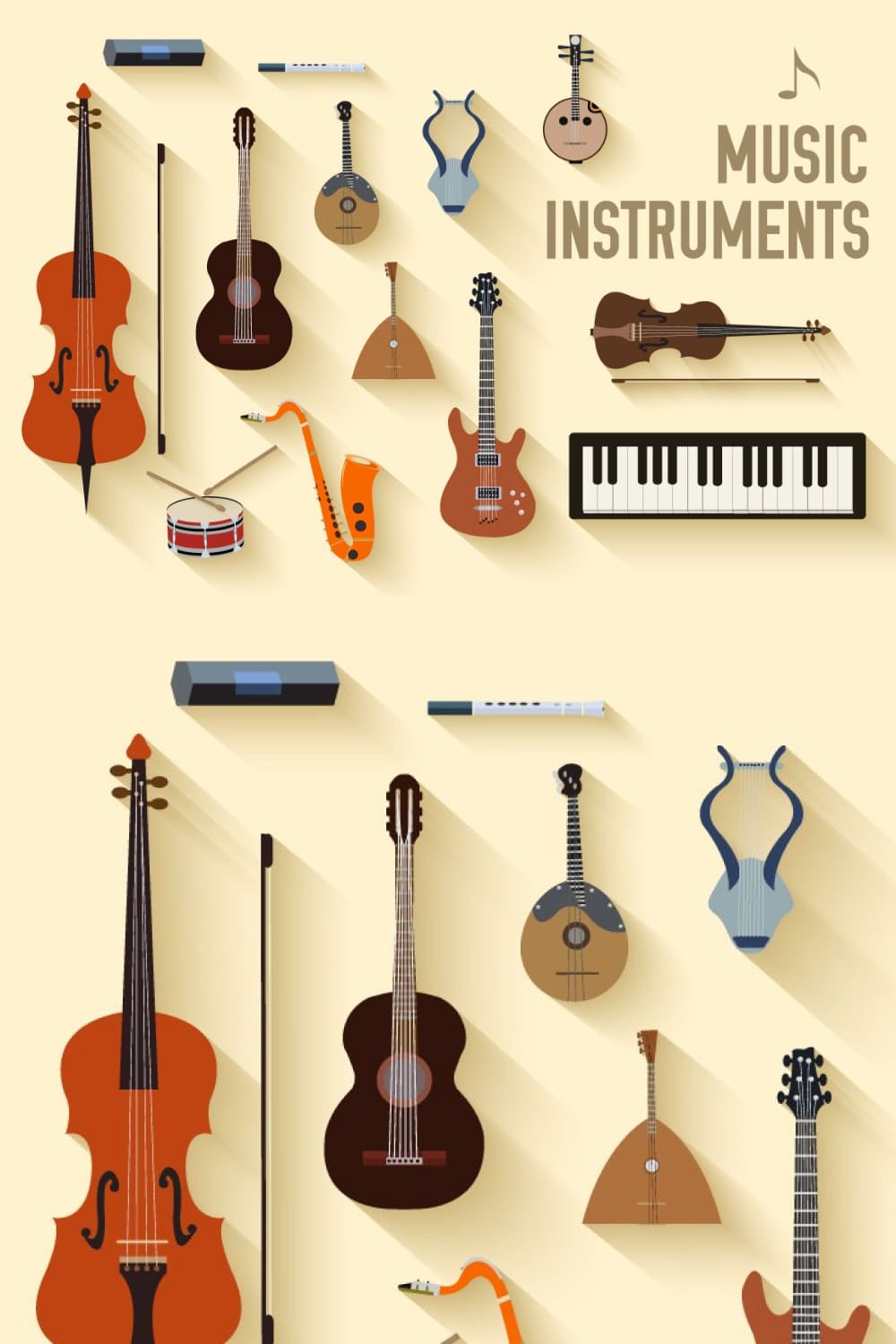 Images of violin, guitar, balalaika, synthesizer, etc.