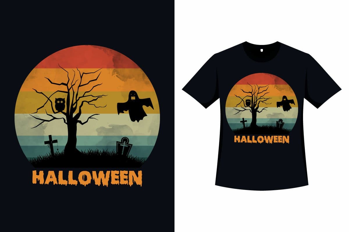Spooky retro Halloween t-shirt design in the form of a large round logo.