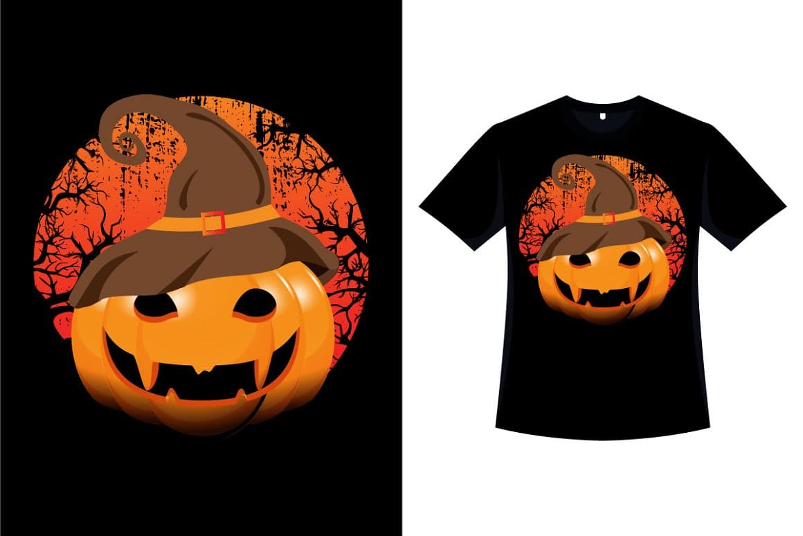 Scary Halloween pumpkin t-shirt, orange scary pumpkin logo on black background.