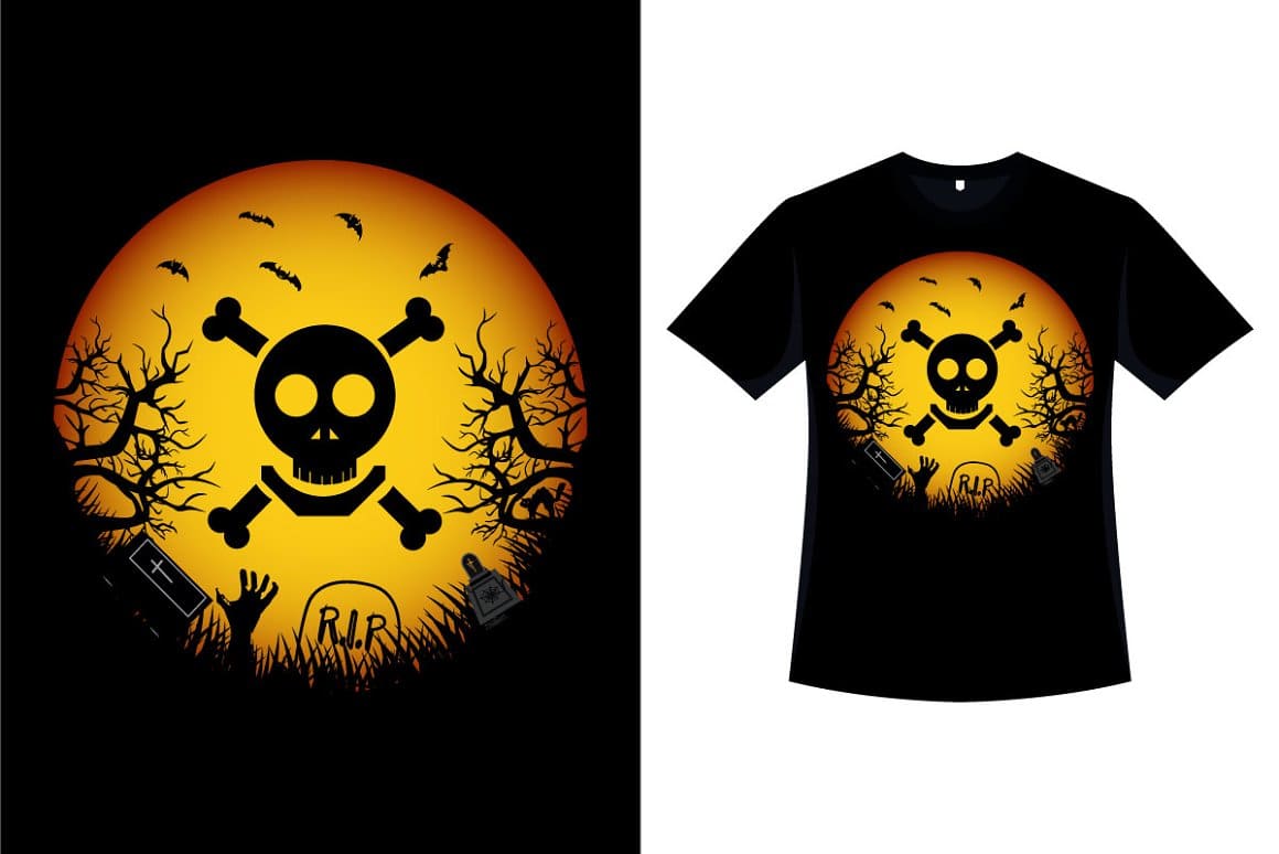 Halloween scary skull logo on black and t-shirt design with skull.