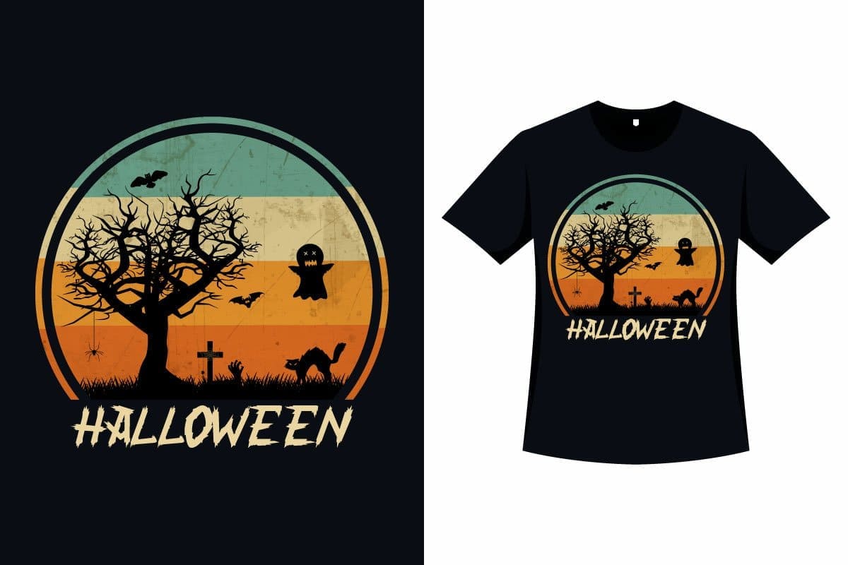 Halloween, stylish t-shirt with retro color logo and big retro logo.