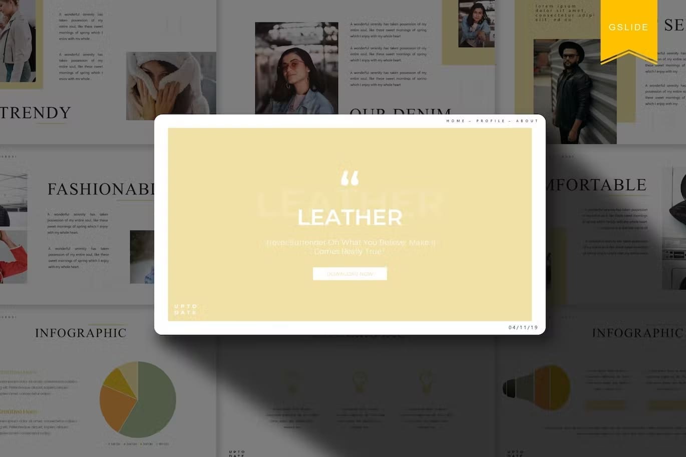 Leather google slides template in yellow color.