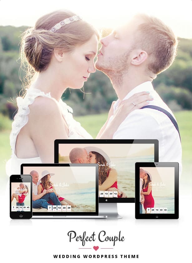 Perfect couple, Wedding Wordpress Theme, Photo of a couple in love on the screens of a smartphone, macbook, ipad, monoblock.