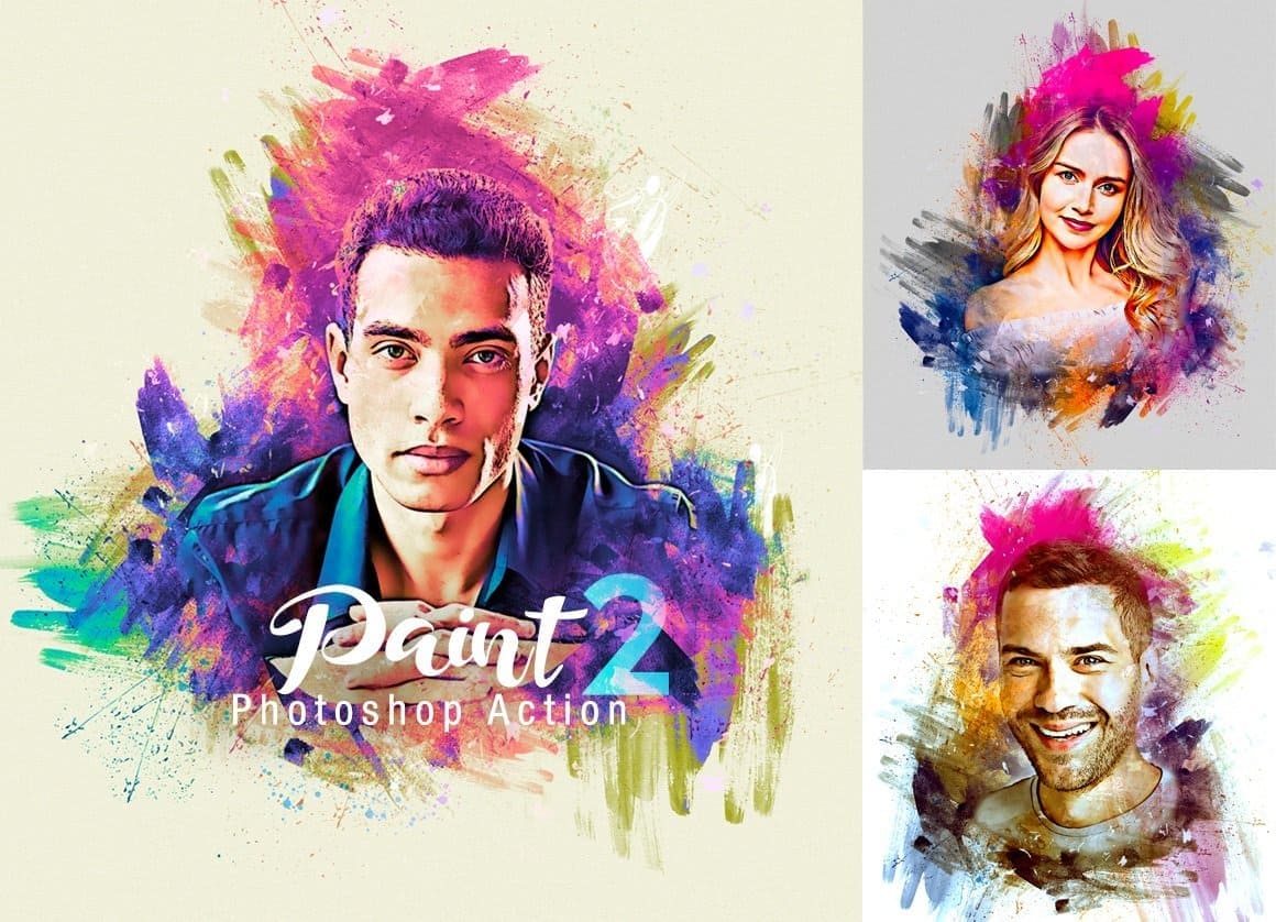 A collage of three colored action portraits of men and a girl in Photoshop using brushes.