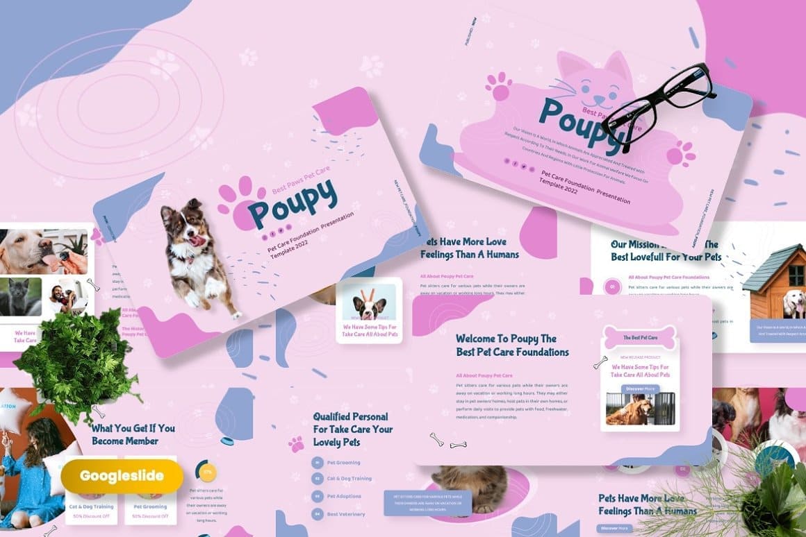 Lots of google slides Poupy Pet Care in purple.