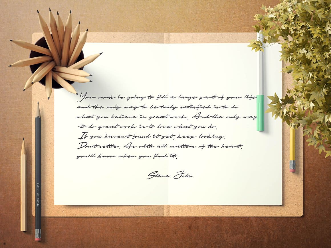 A special handwritten font, a letter written on a white sheet and a glass with simple pencils.