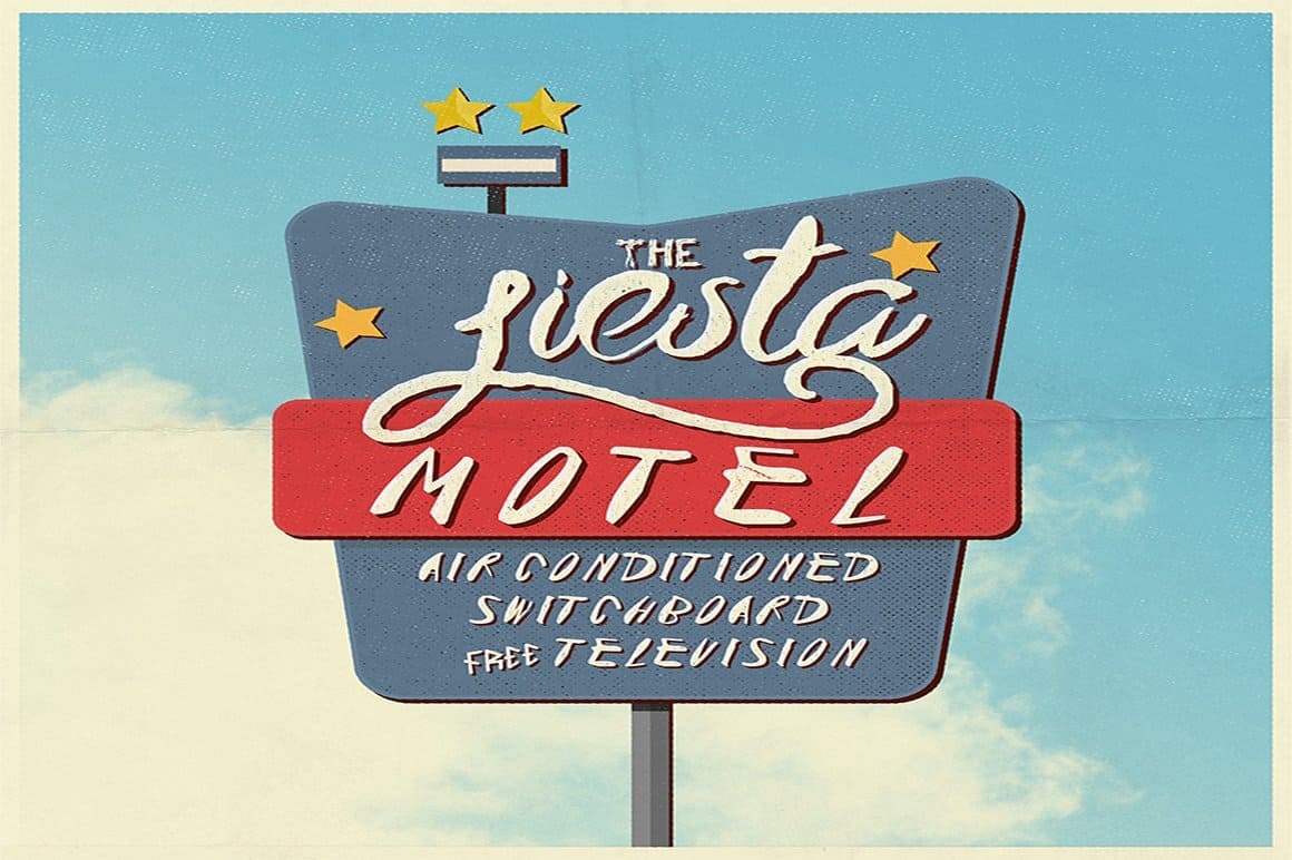 Inscription "The siesta motel air conditioned switchboard free television" of Railway Western Font.