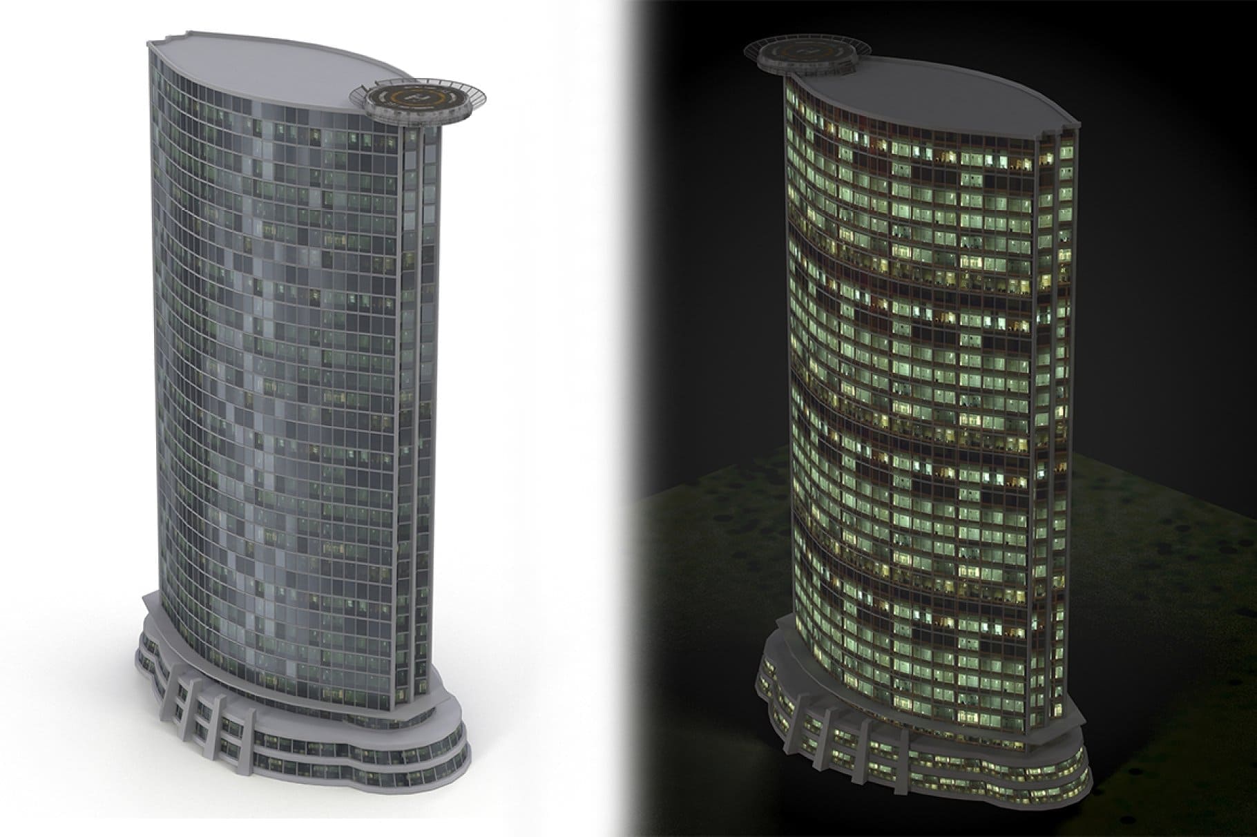 Two models of skyscrapers are shown during the day and at night.