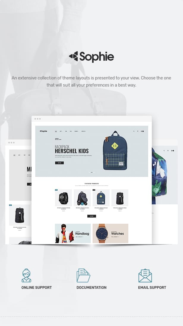 An extensive collection of theme layouts is presented to your view of Sophie - Responsive Clothing, Shoes, Watches, Furniture Theme.