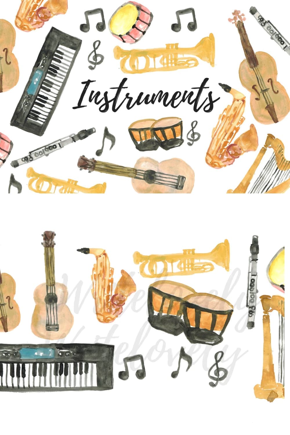 Watercolor music instruments, image for pinterest 1000x1500.