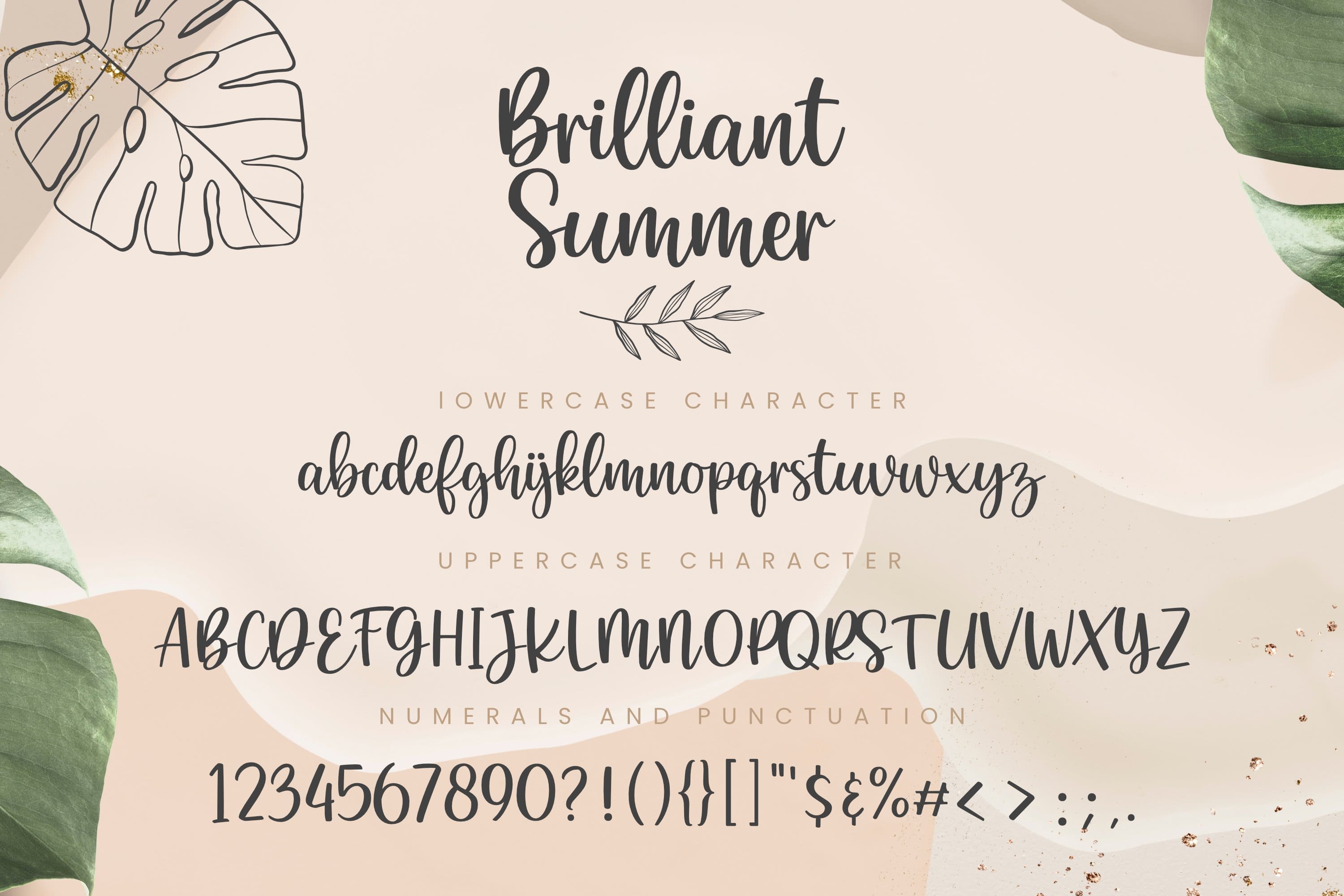 Brilliant Summer, alphabet and numbers with symbols in three rows.