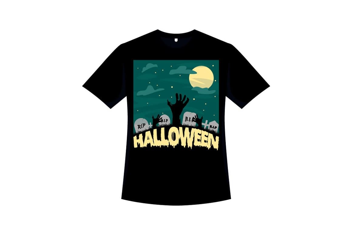 Black t-shirt with a square cemetery logo for Halloween.
