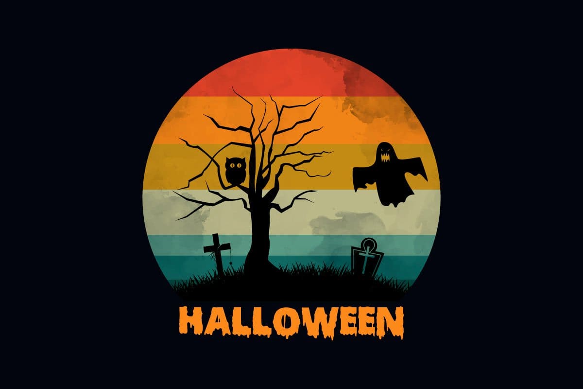 Big round logo of spooky retro design for Halloween.