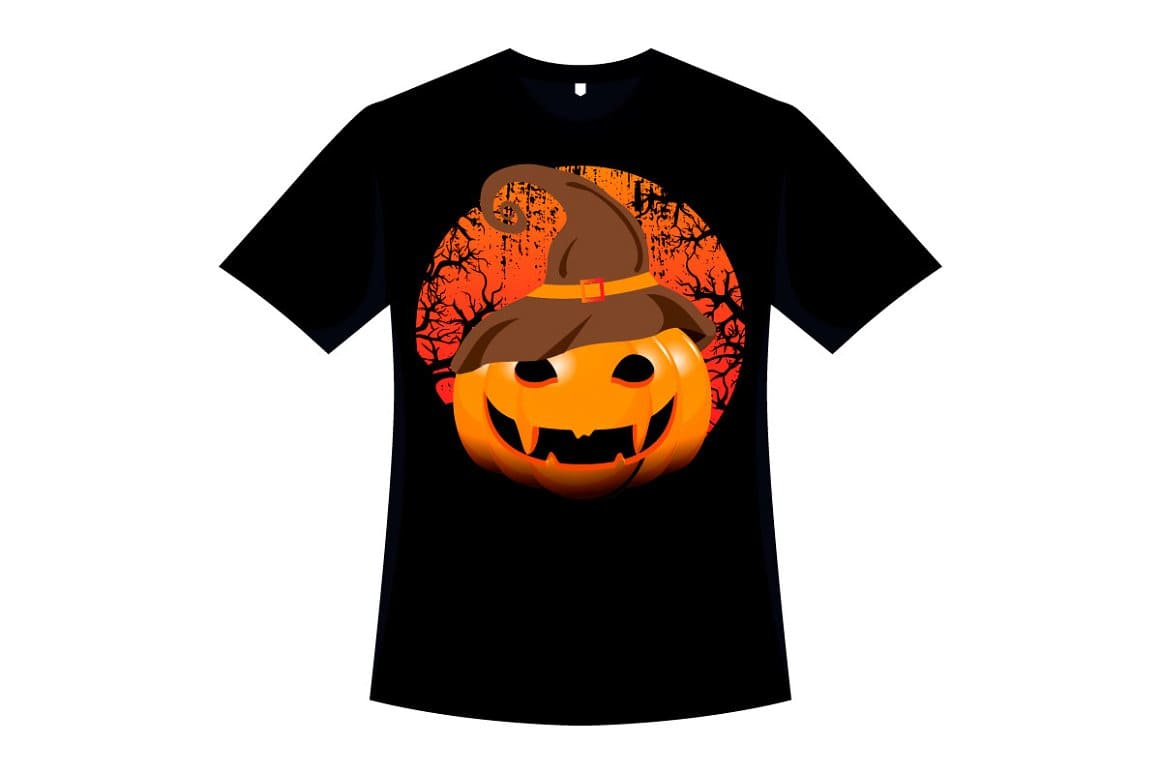 Scary Halloween pumpkin on a black t-shirt.