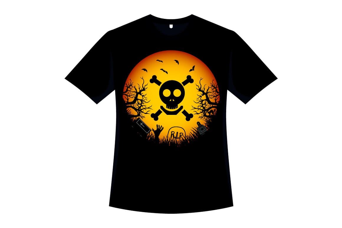 A scary skull on the background of a yellow moon in the form of a print on a black T-shirt.