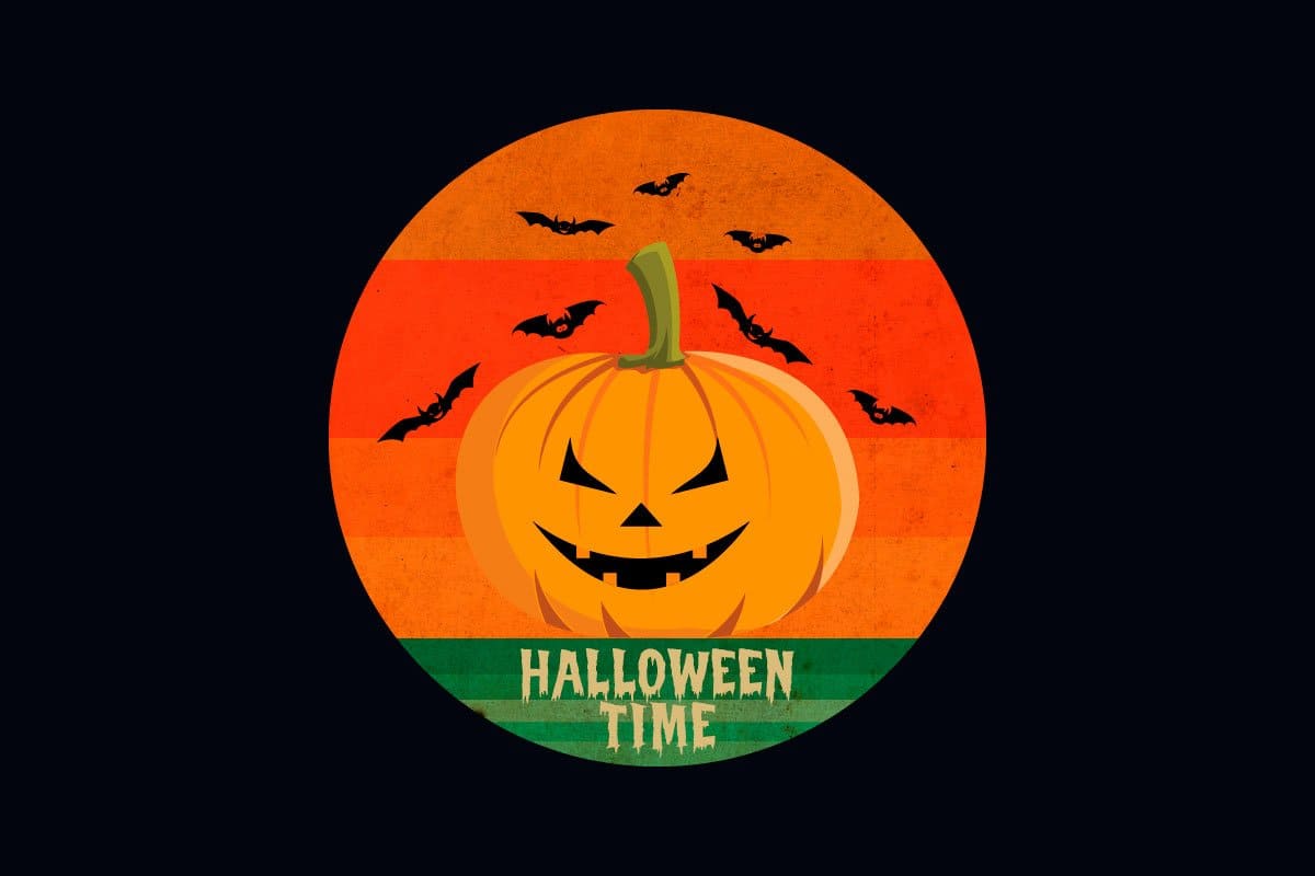 Spooky retro pumpkin design on a black background.