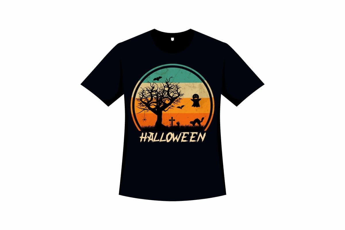A stylish t-shirt for Halloween with a retro color logo.