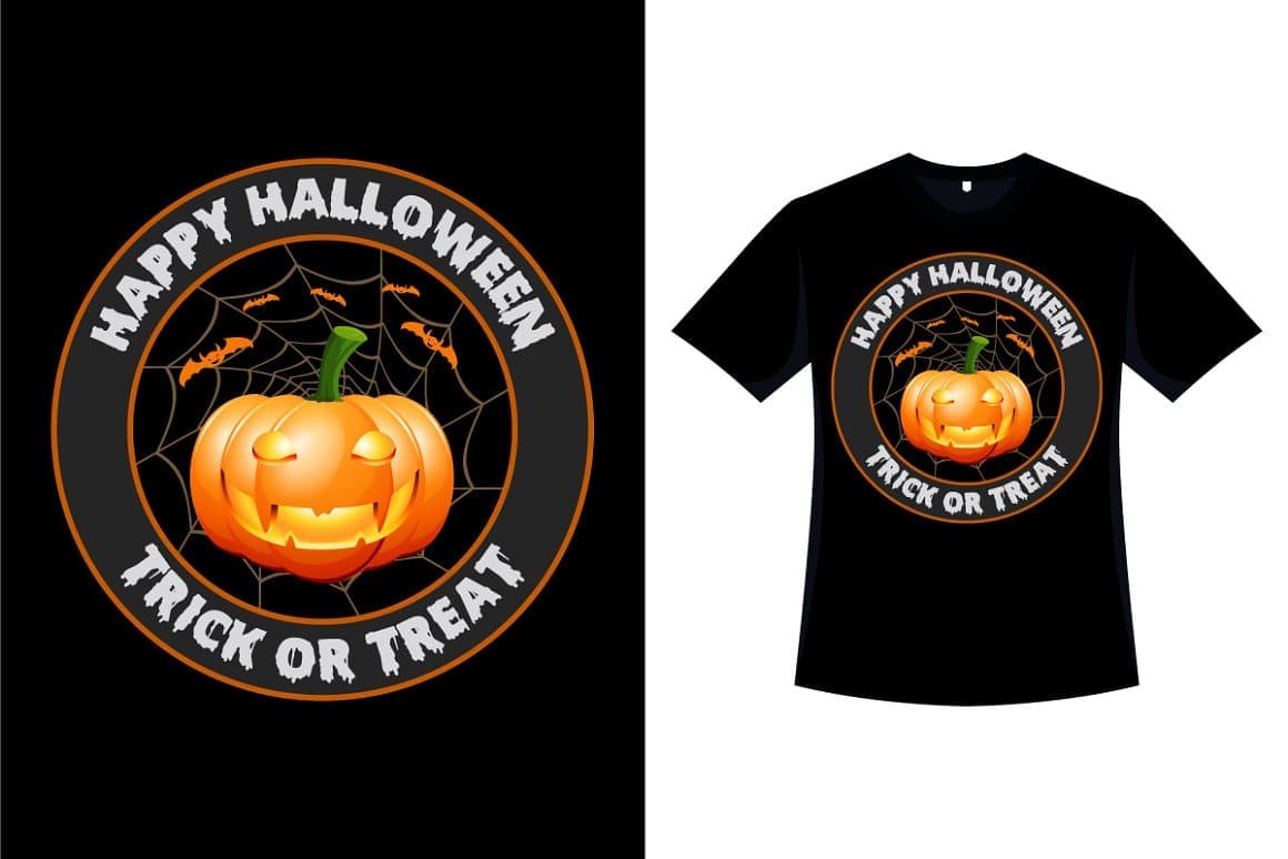 Black shirt with Halloween retro pumpkin and similar logo on a black background.