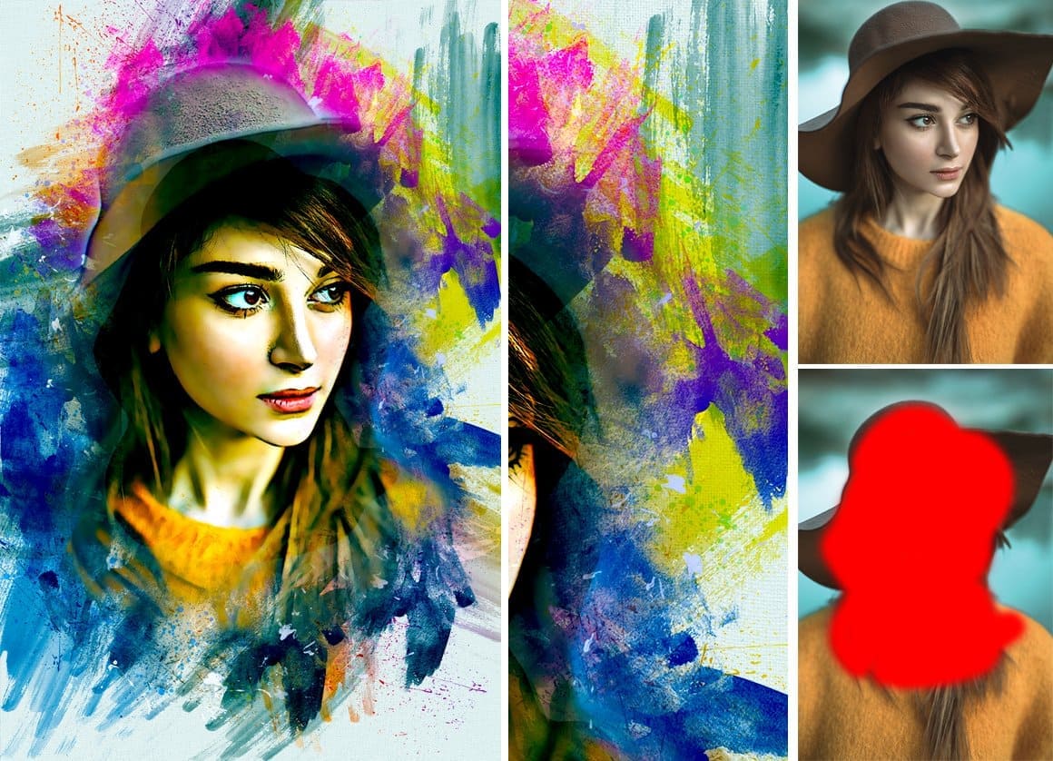 Color action portrait of a girl in Photoshop with strokes using brushes.