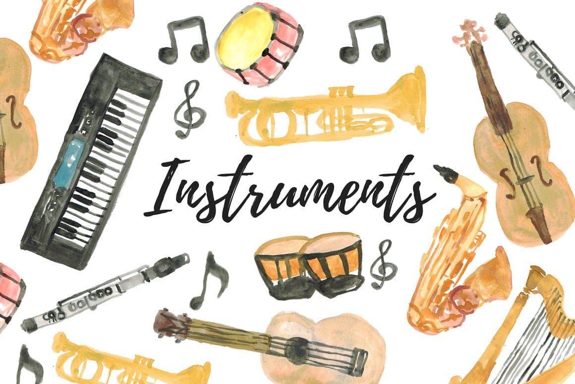 Watercolor music instruments, big logo 1160x774.