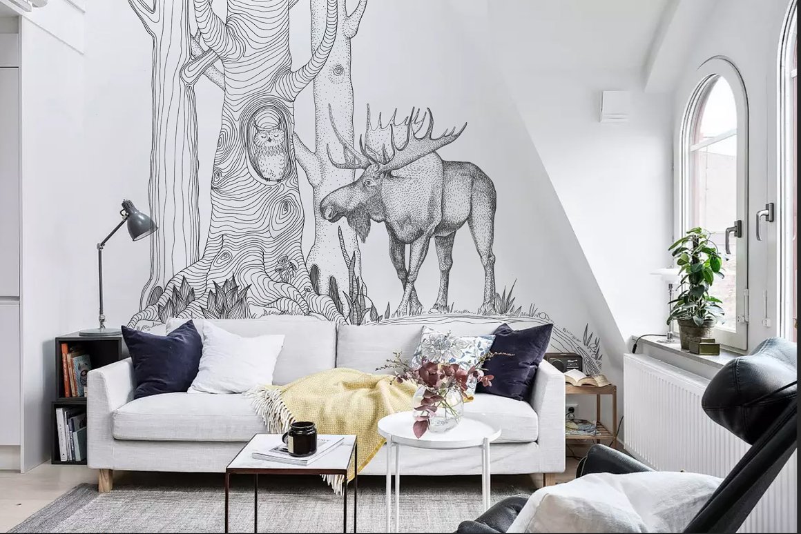 A picture with a moose on the wall.