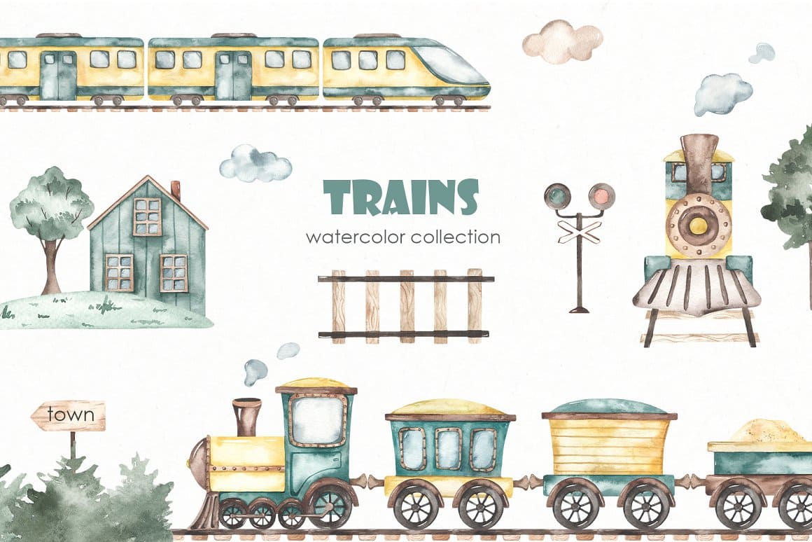 Children's watercolor collection train cover, image 1160x774.