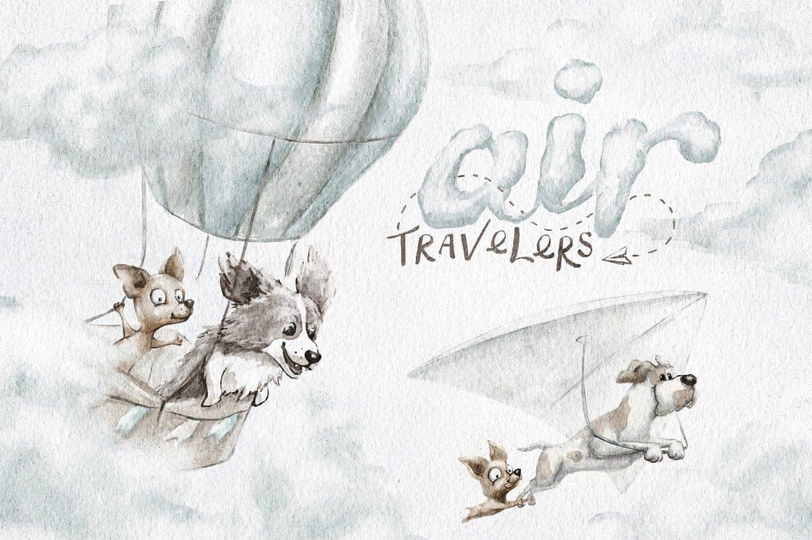 Animals are air travelers on a hot air balloon and a hang glider.