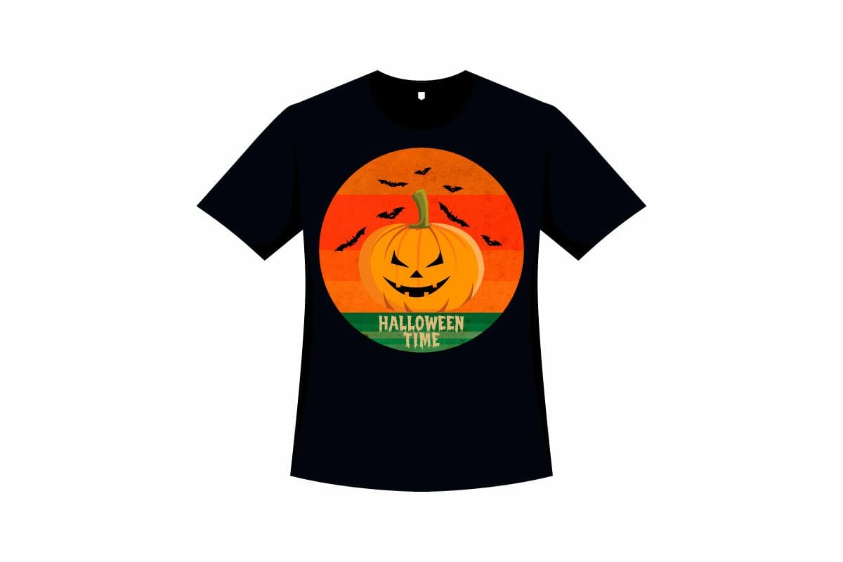 Black t-shirt with Halloween spooky pumpkin print with retro design.