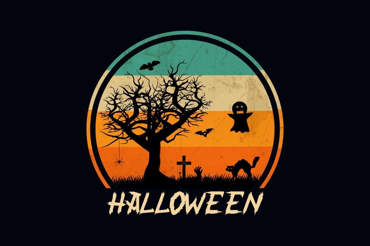 There is a beautiful drawing in retro colors for Halloween.