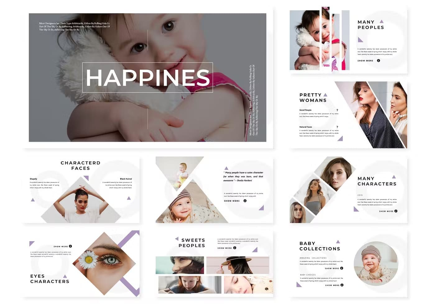 9 slides of PowerPoint template Happiness: Many people, Pretty womens, Characterd faces.