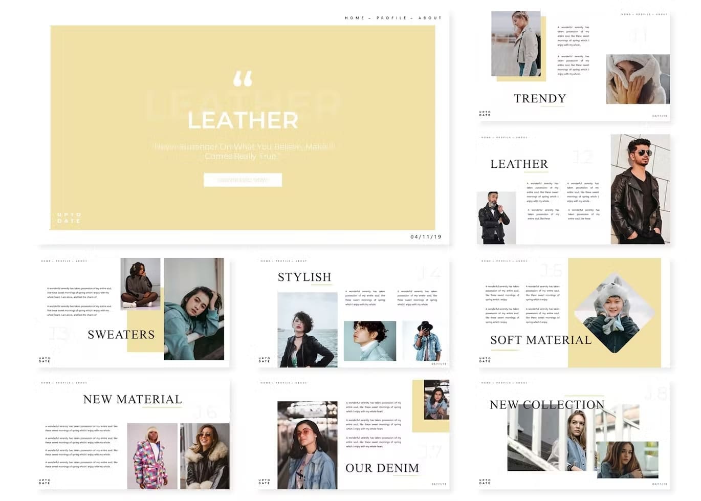 Nine slides of the leather Google Slides template.