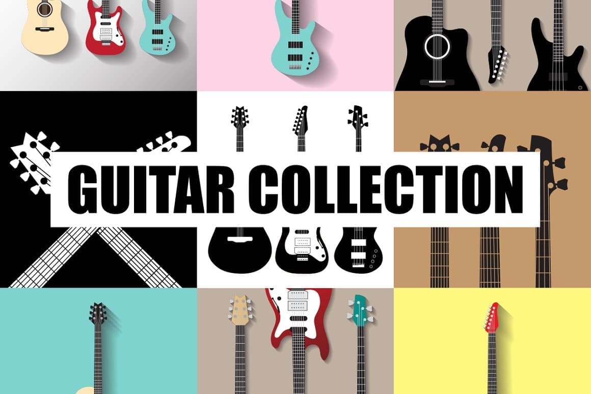 A large picture with guitars in nine cubes.