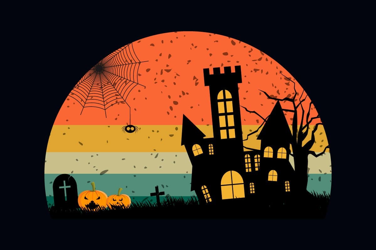 A spider sits on a web, pumpkins with faces and a black building on a black background.