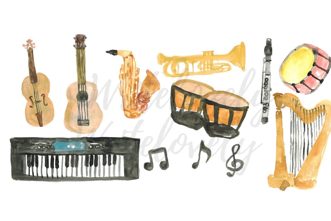 Hand drawn watercolor musical instruments on a white background.