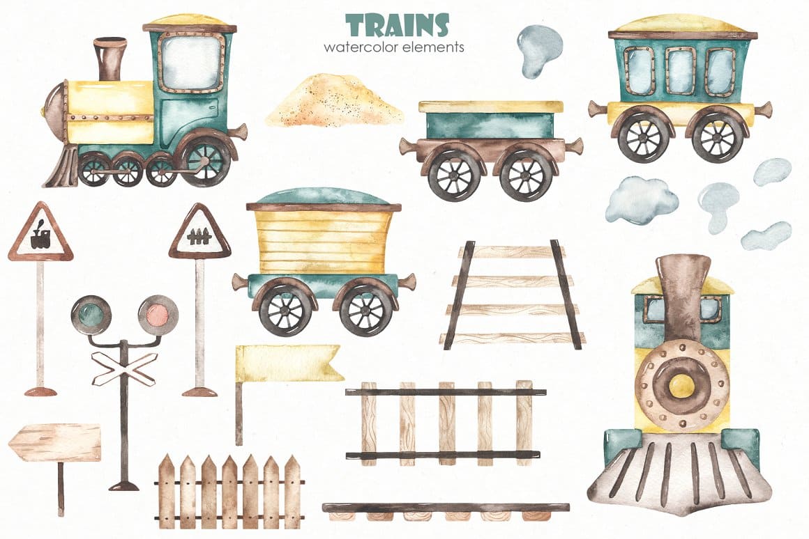 Children's collection, many watercolor trains and railroad track elements.